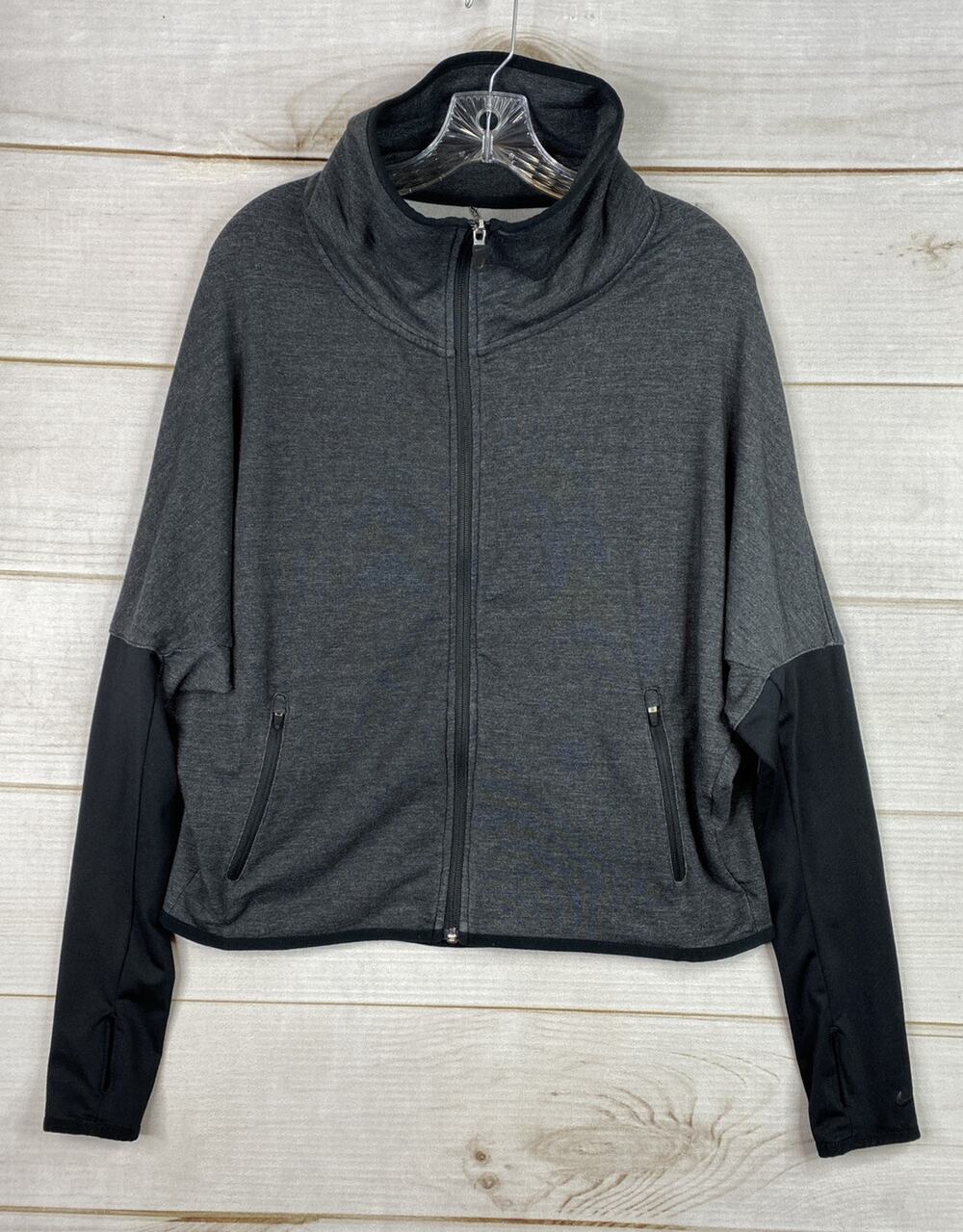 Nike Dri-Fit Sweatshirt Womens L Gray Black Full Zip Pocket Cowl Neck Thumbholes